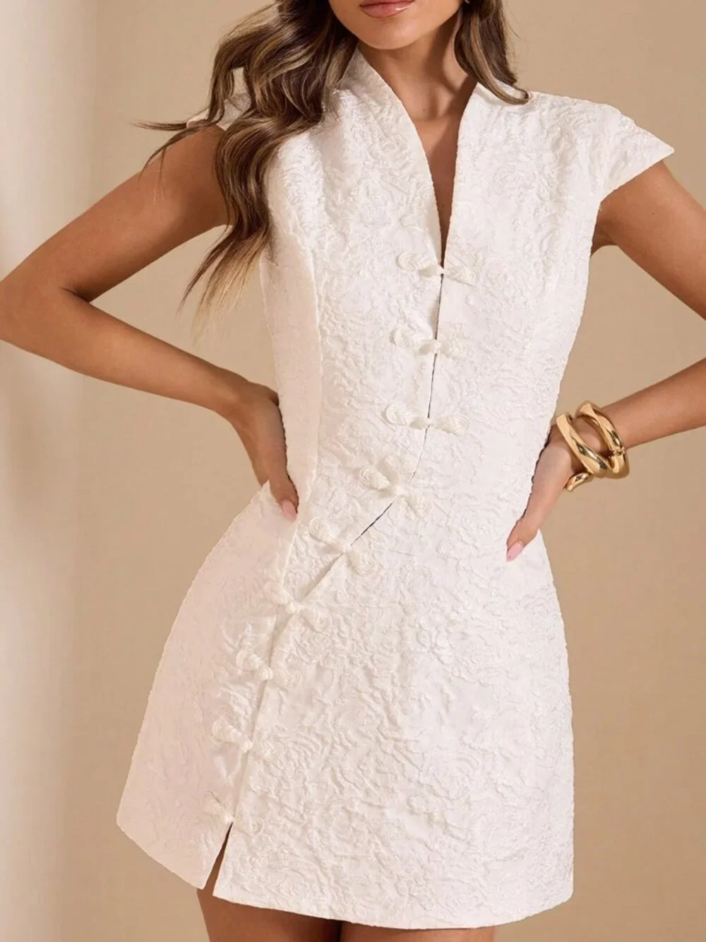White Elegant Women's Cheongsam Cocktail Party Mini Dress
